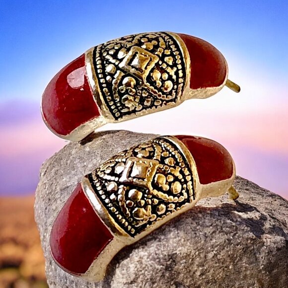 Vintage Earrings Brown Enamel & Silver-tone Half Hoop Pierced Posts - Picture 10 of 10